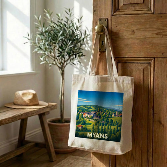 Tote bag souvenir de la ville de Myans avec une illustration paysagère stylisée.