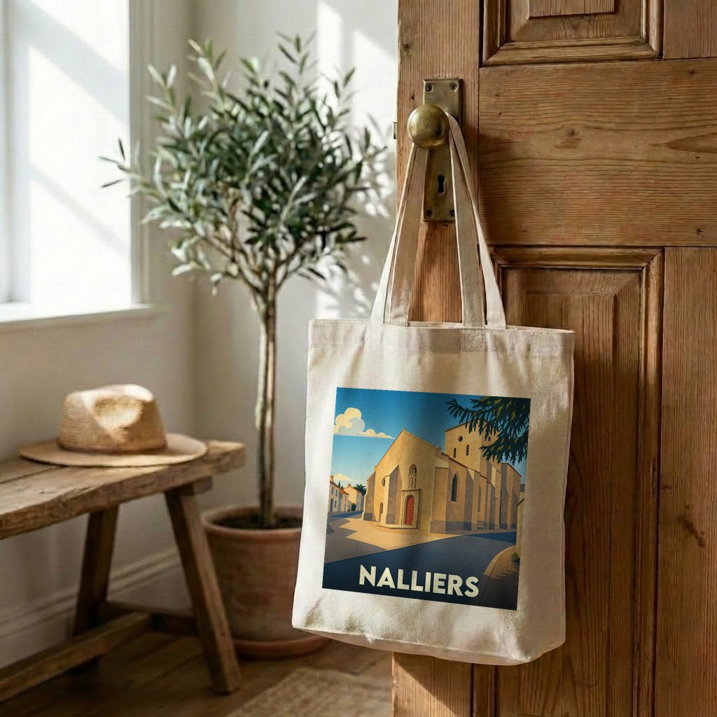 Tote bag souvenir de la ville de Nalliers avec une illustration stylisée.