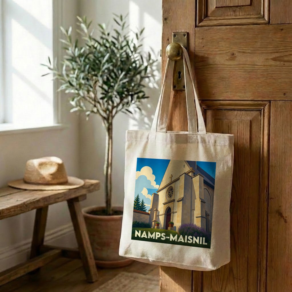 Tote bag souvenir de la ville de Namps-Maisnil avec une illustration stylisée.