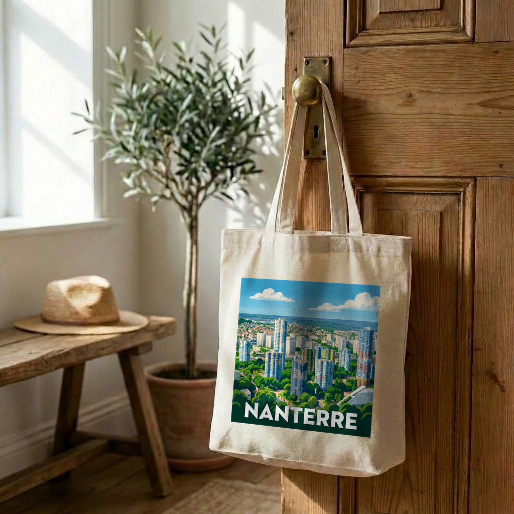 Tote bag souvenir de la ville de Nanterre avec une illustration stylisée de son paysage urbain.