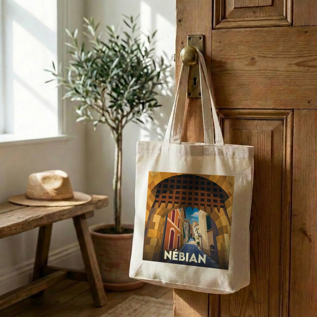 Tote bag souvenir de la ville de Nébian avec une illustration stylisée.