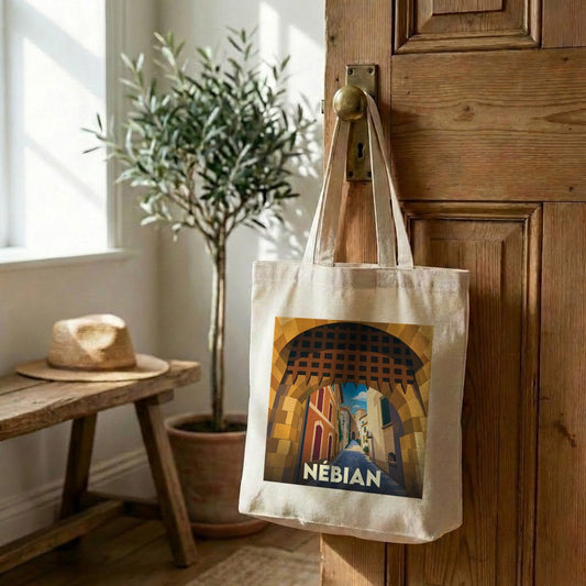 Tote bag souvenir de la ville de Nébian avec une illustration stylisée.