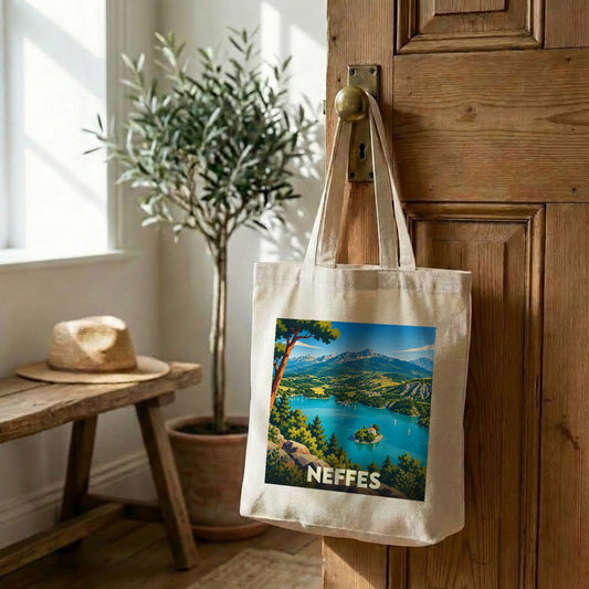 Tote bag souvenir de la ville de Neffes avec une illustration stylisée.