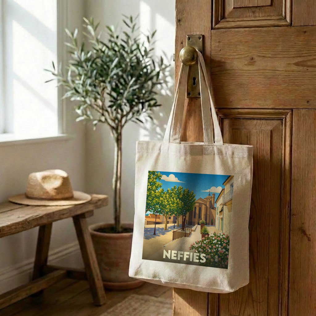Tote bag souvenir de la ville de Neffiès avec une illustration stylisée.