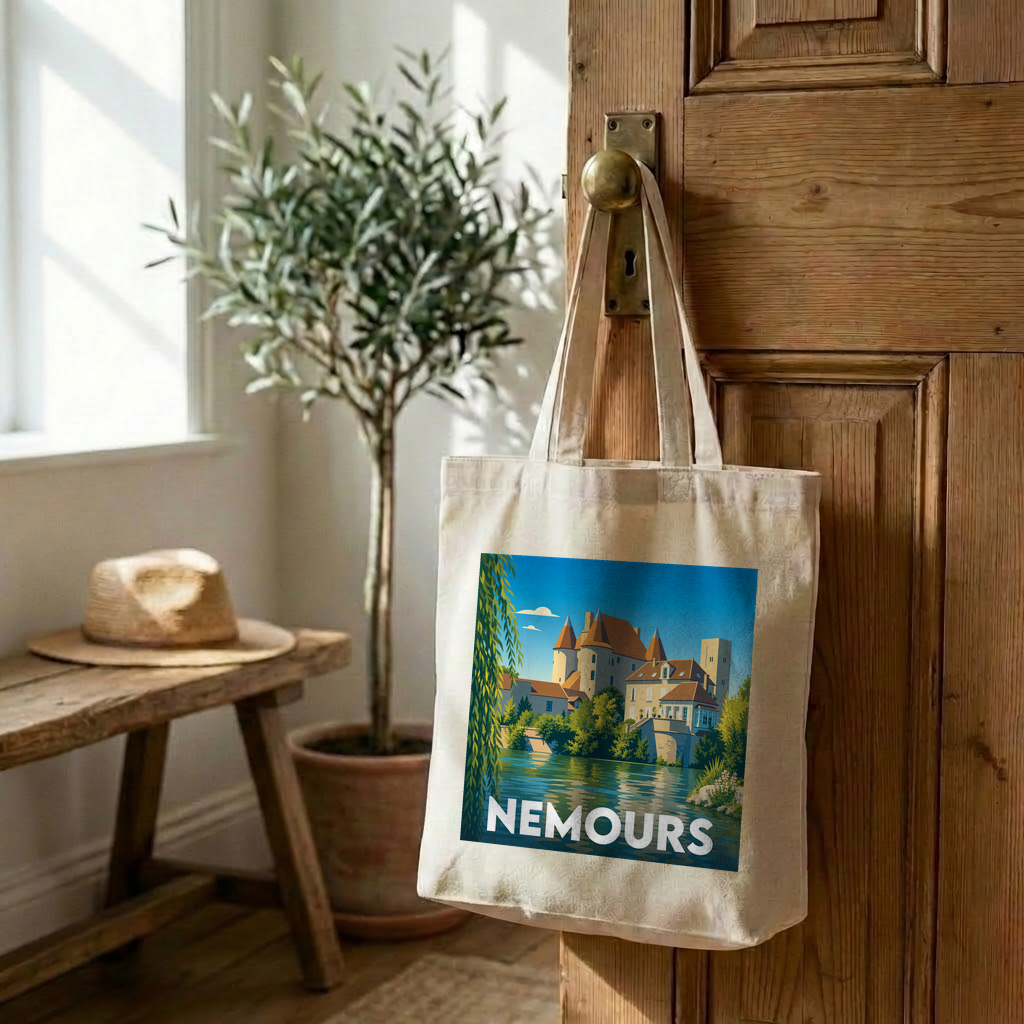 Tote bag souvenir de la ville de Nemours avec une illustration stylisée.