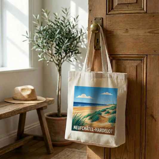 Tote bag souvenir de la ville de Neufchâtel-Hardelot avec une illustration stylisée de plage.