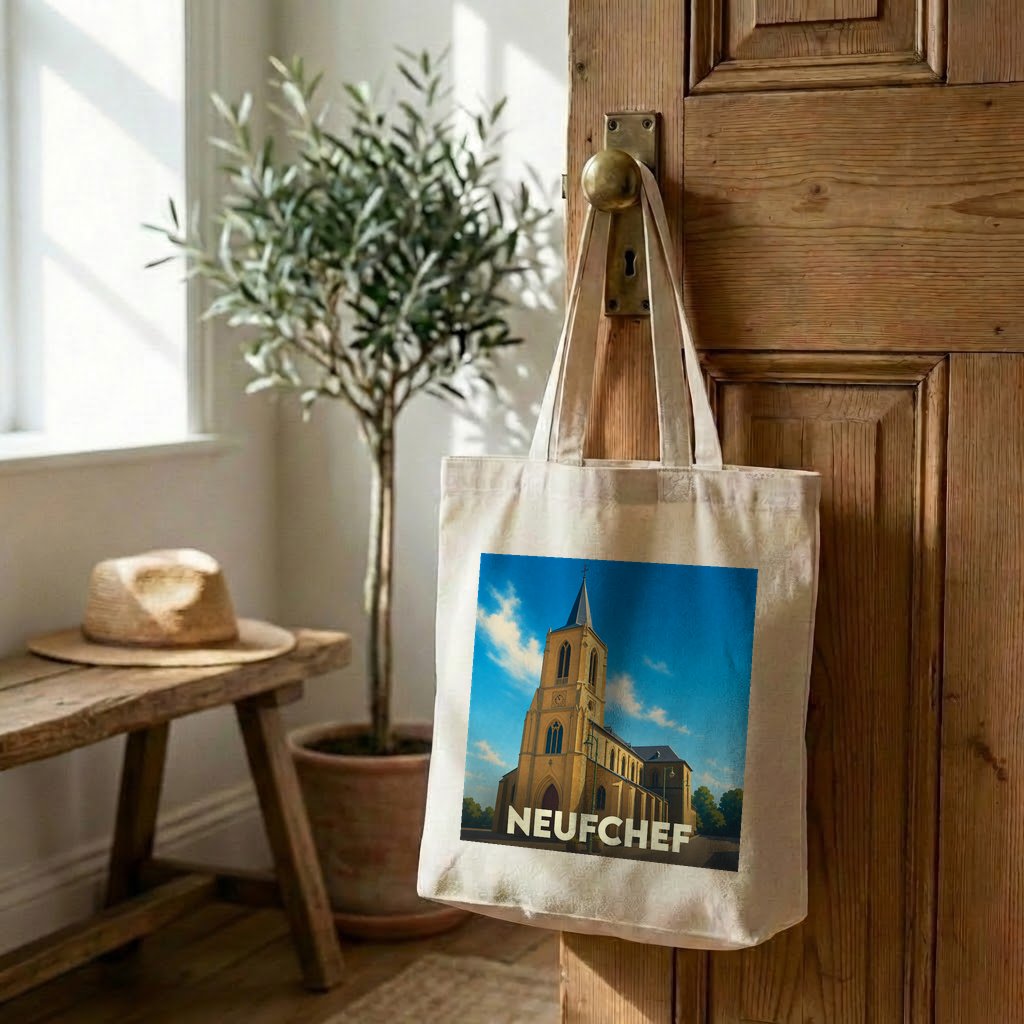 Tote bag souvenir de la ville de Neufchef illustré d'une église sous un ciel bleu.