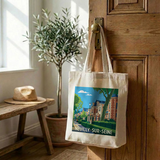 Tote bag souvenir de la ville de Neuilly-sur-Seine avec une illustration stylisée et colorée.