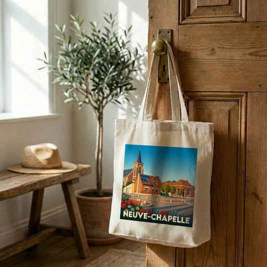 Tote bag souvenir de la ville de Neuve-Chapelle avec une illustration colorée et stylisée.