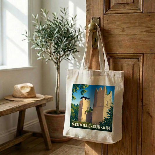 Tote bag souvenir de la ville de Neuville-sur-Ain avec une illustration stylisée de son patrimoine.