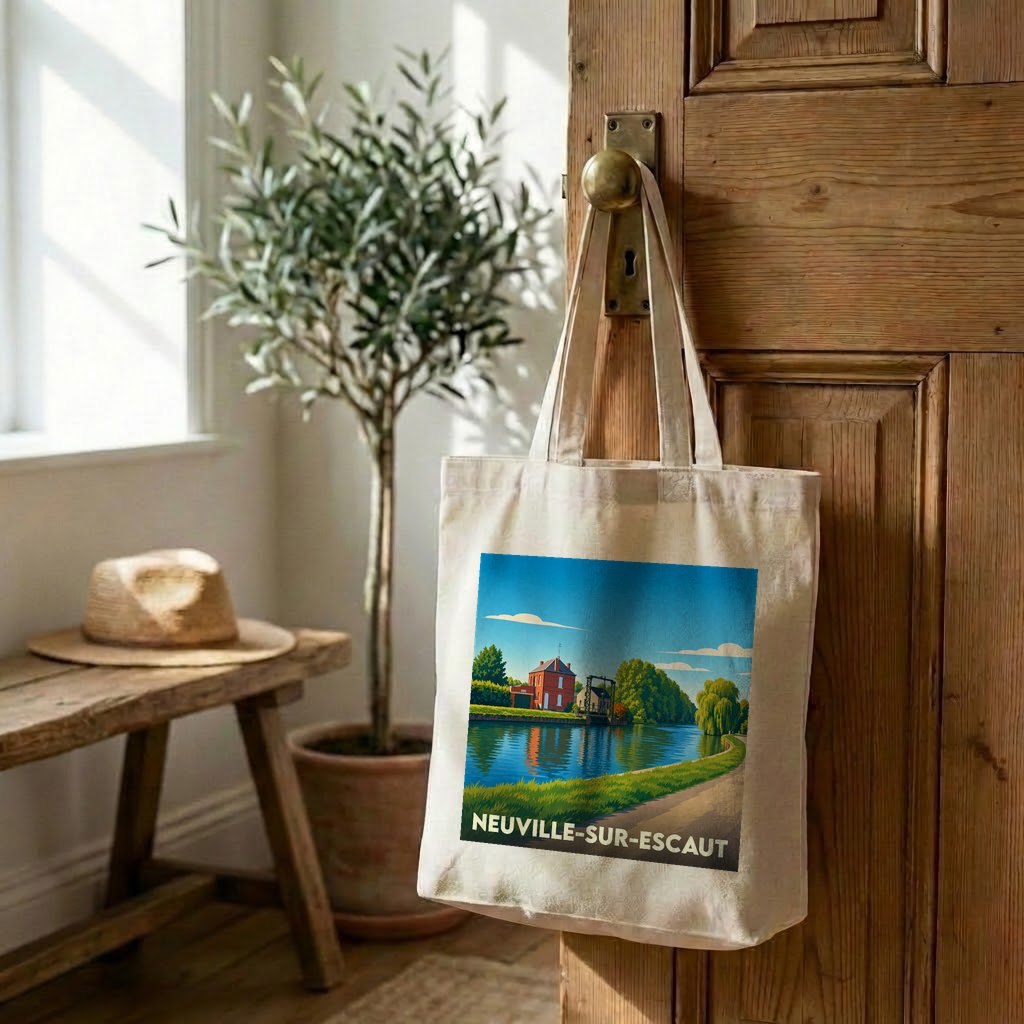 Tote bag souvenir de la ville de Neuville-sur-Escaut avec une illustration stylisée d'un paysage fluvial.