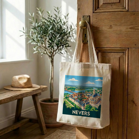 Tote bag souvenir de la ville de Nevers avec une illustration stylisée.
