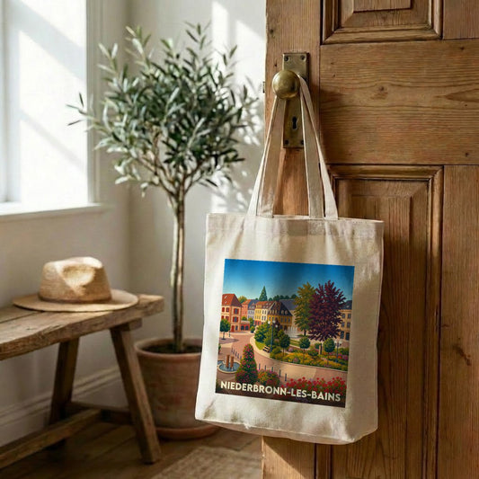 Tote bag souvenir de la ville de Niederbronn-les-Bains avec une illustration colorée et stylisée.