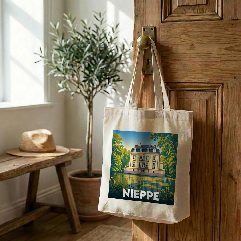 Tote bag souvenir de la ville de Nieppe avec une illustration stylisée d'un château au bord de l'eau.