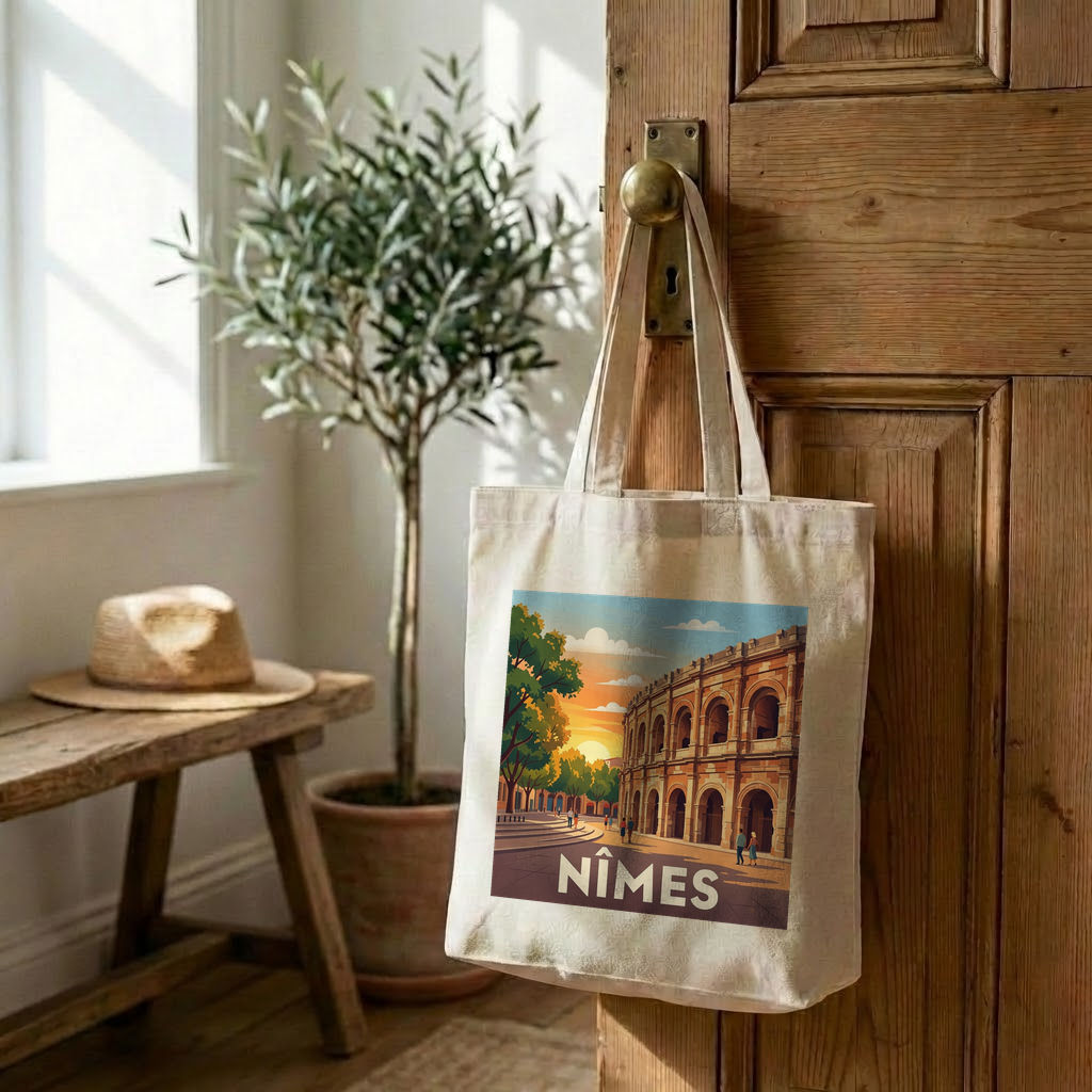 Tote bag souvenir de la ville de Nîmes avec une illustration stylisée des arènes au coucher du soleil.