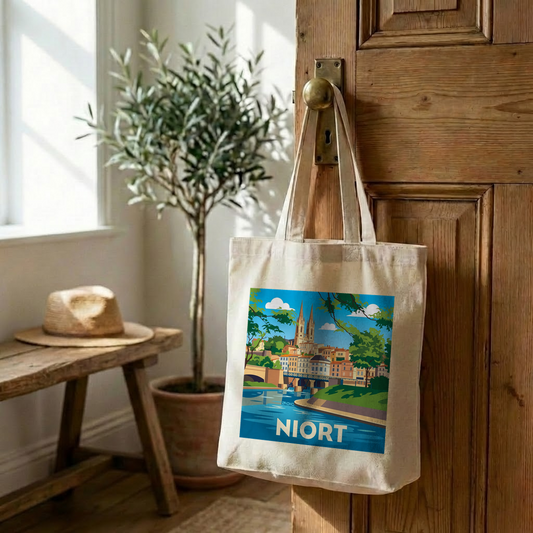 Tote bag souvenir de la ville de Niort avec une illustration stylisée.