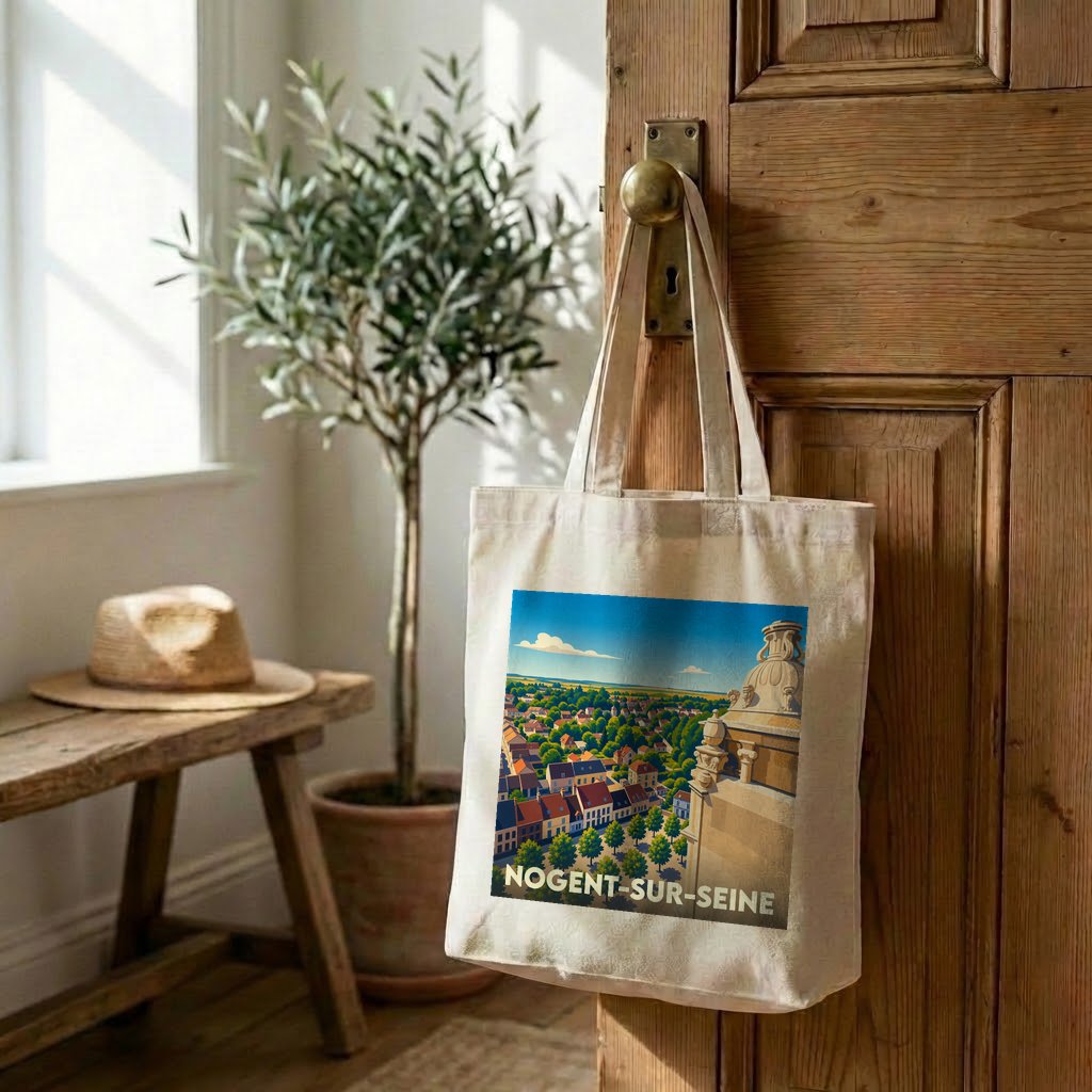 Tote bag souvenir de la ville de Nogent-sur-Seine avec une illustration stylisée.