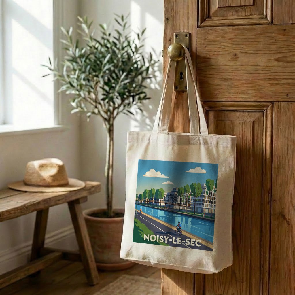Tote bag souvenir de la ville de Noisy-le-Sec avec une illustration stylisée.