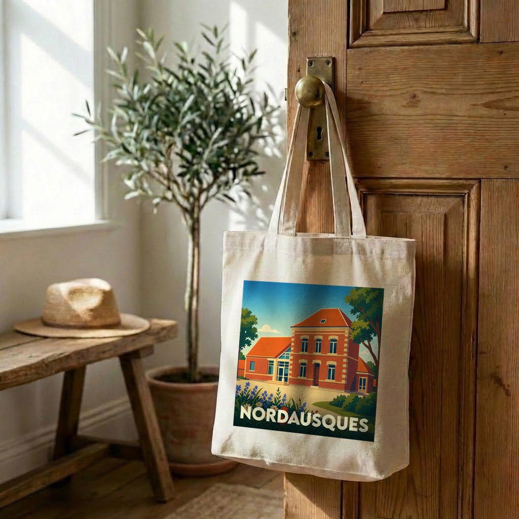Tote bag souvenir de la ville de Nordausques avec une illustration stylisée.