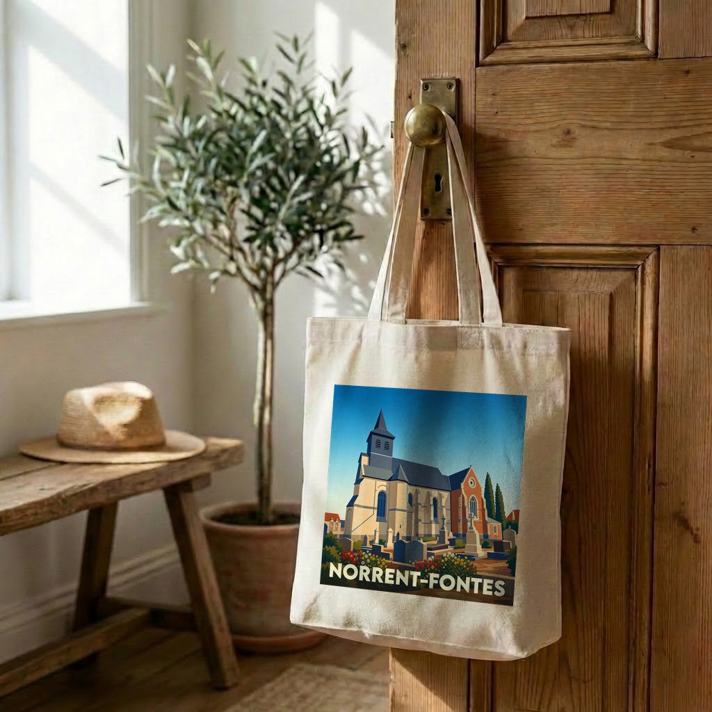 Tote bag souvenir de la ville de Norrent-Fontes avec une illustration stylisée de son église.