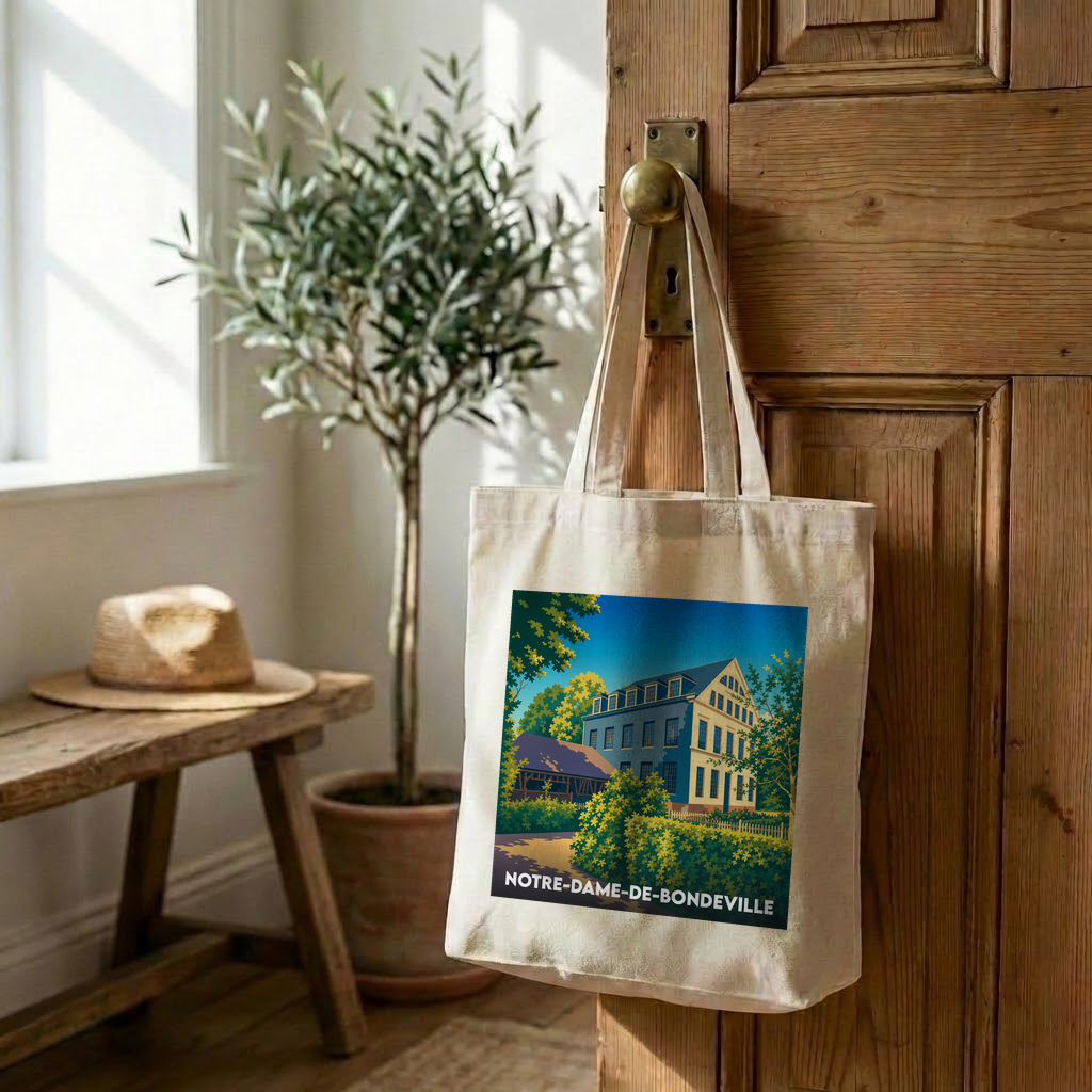 Tote bag souvenir de la ville de Notre-Dame-de-Bondeville avec une illustration stylisée.