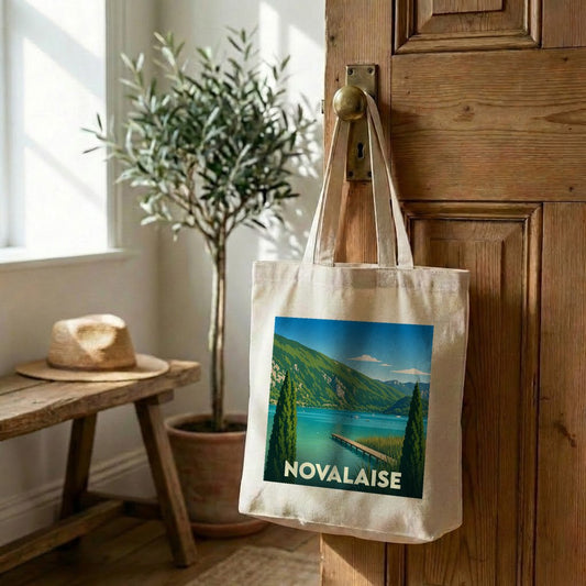 Tote bag souvenir de la ville de Novalaise avec une illustration stylisée de son lac.