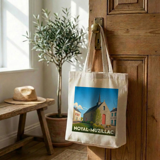 Tote bag souvenir de la ville de Noyal-Muzillac avec une illustration stylisée.