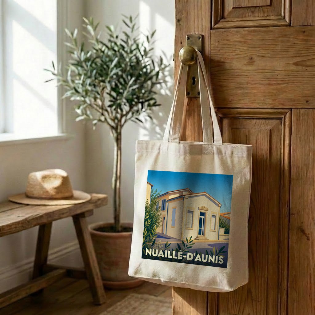 Tote bag souvenir de la ville de Nuaillé-d'Aunis avec une illustration stylisée.