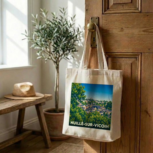 Tote bag souvenir de la ville de Nuillé-sur-Vicoin avec une illustration stylisée.