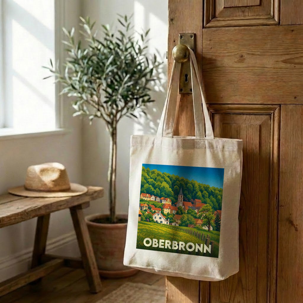 Tote bag souvenir de la ville d'Oberbronn orné d'une illustration paysagère stylisée.