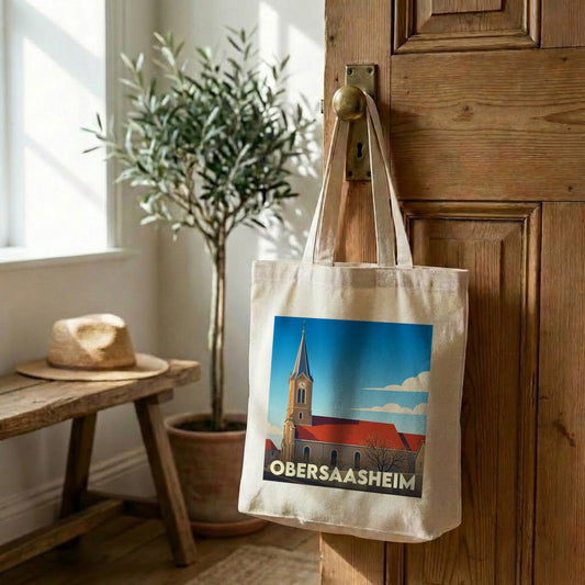Sac cabas en toile souvenir de la ville de Obersaasheim avec une illustration stylisée de son église.