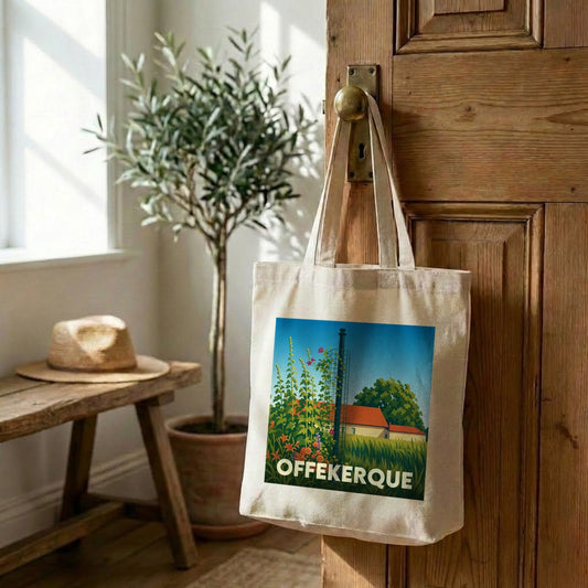Tote bag souvenir de la ville d'Offekerque avec une illustration stylisée.