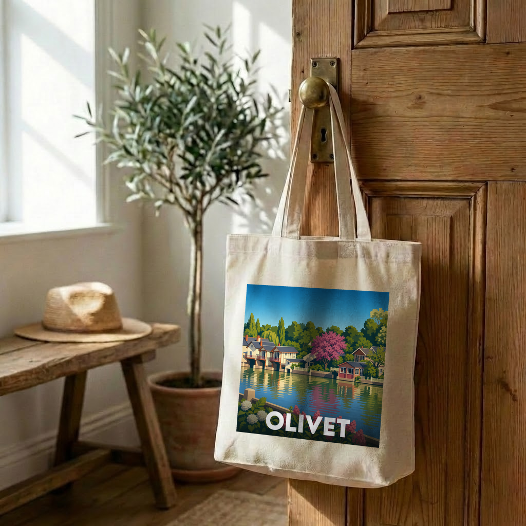 Tote bag souvenir de la ville d'Olivet avec une illustration stylisée de ses bords de l'eau.