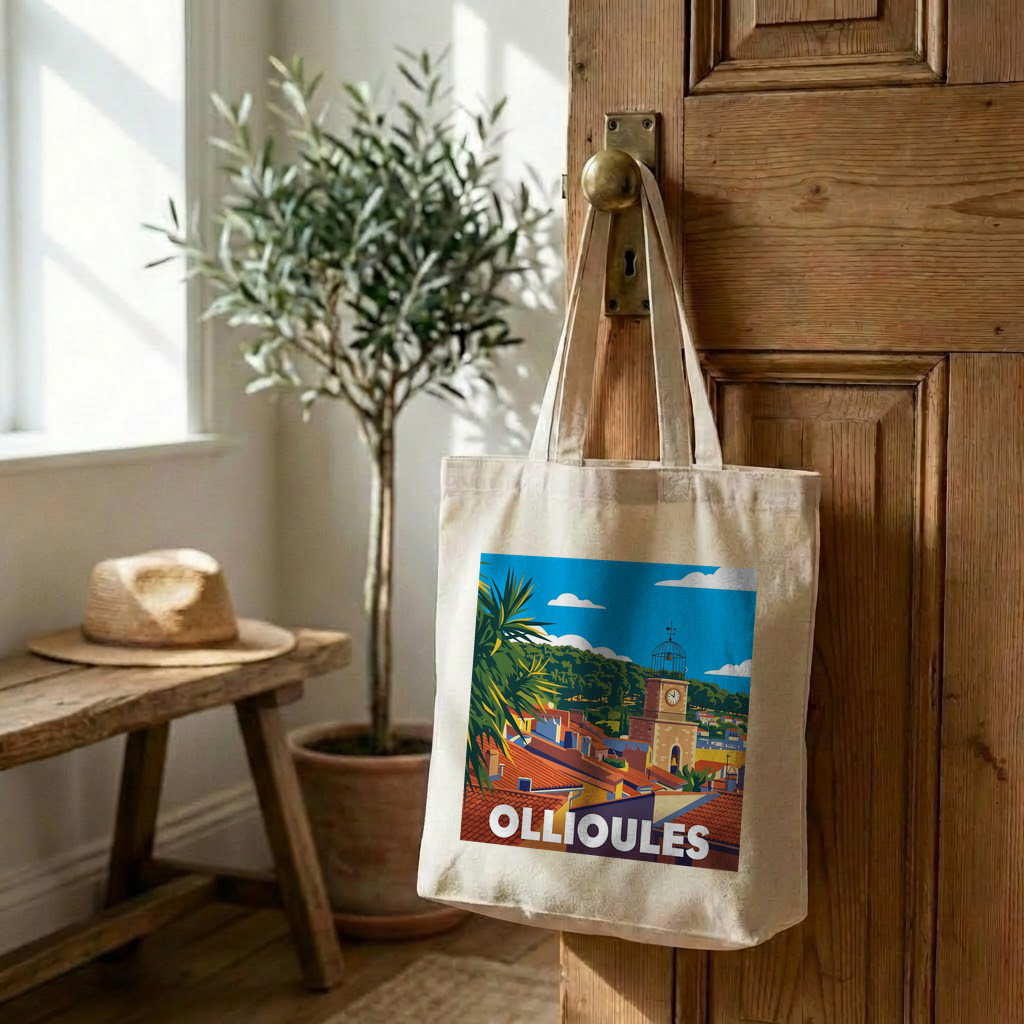 Tote bag souvenir de la ville d'Ollioules avec une illustration stylisée de ses toits et de son clocher.