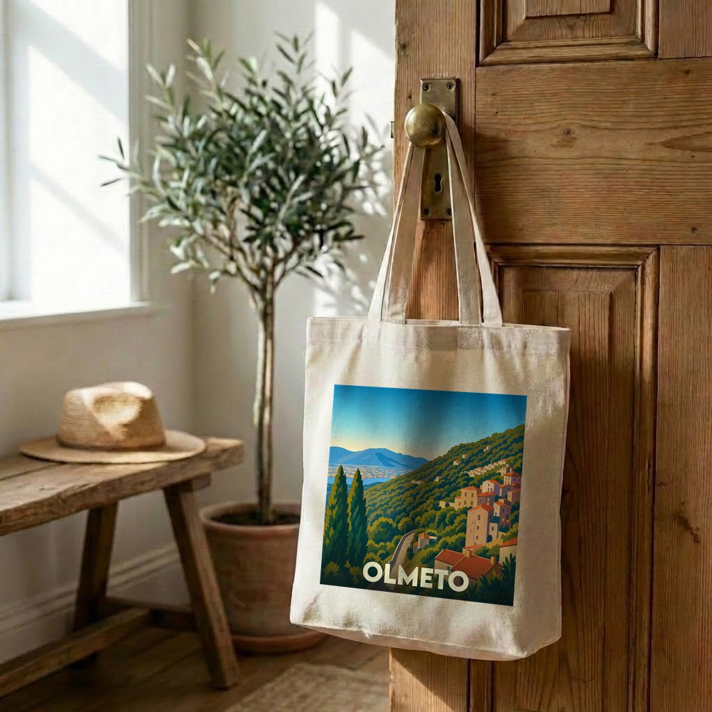 Tote bag souvenir de la ville d'Olmeto avec une illustration stylisée de paysages corses.