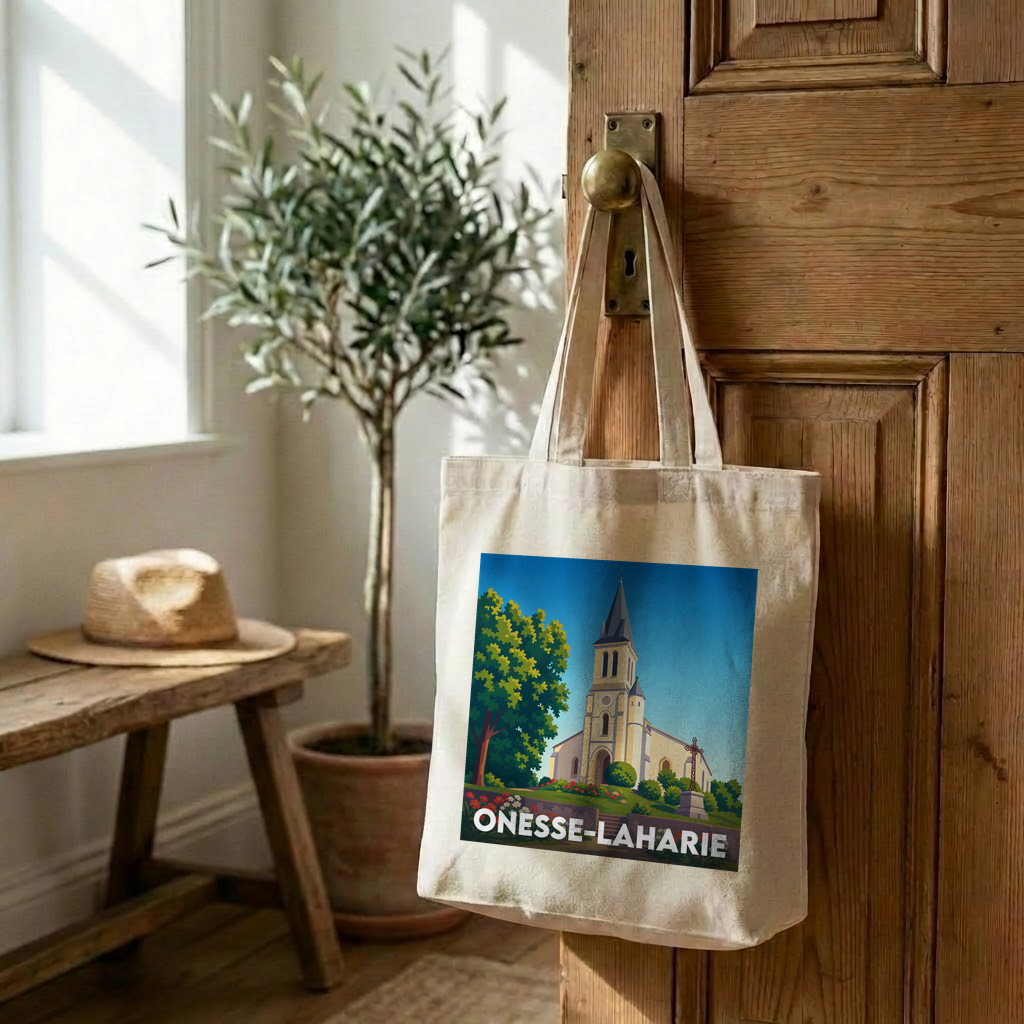 Tote bag souvenir de la ville de Onesse-Laharie avec une illustration stylisée de son église.