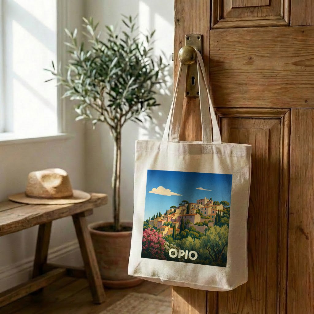 Tote bag souvenir de la ville de Opio avec une illustration stylisée d'un village provençal.