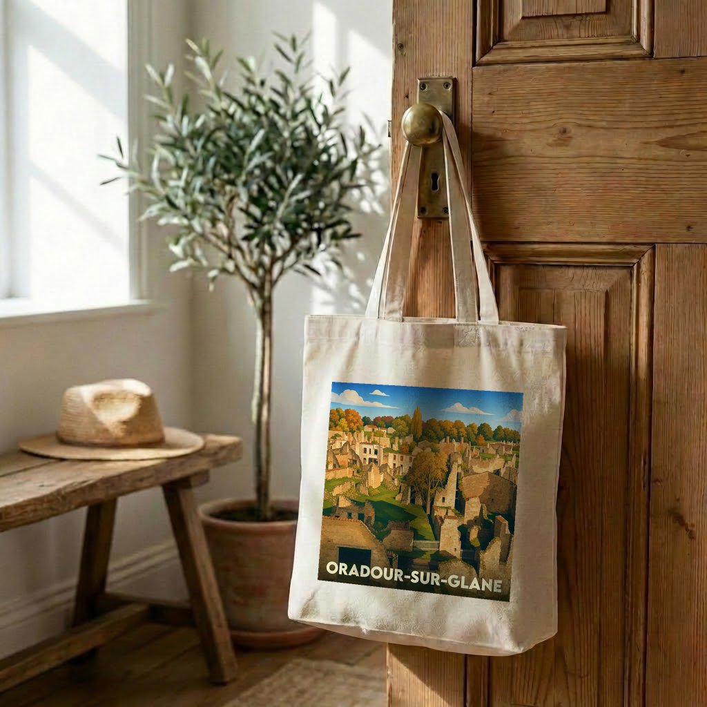 Tote bag souvenir de la ville d'Oradour-sur-Glane avec une illustration stylisée de ses ruines.