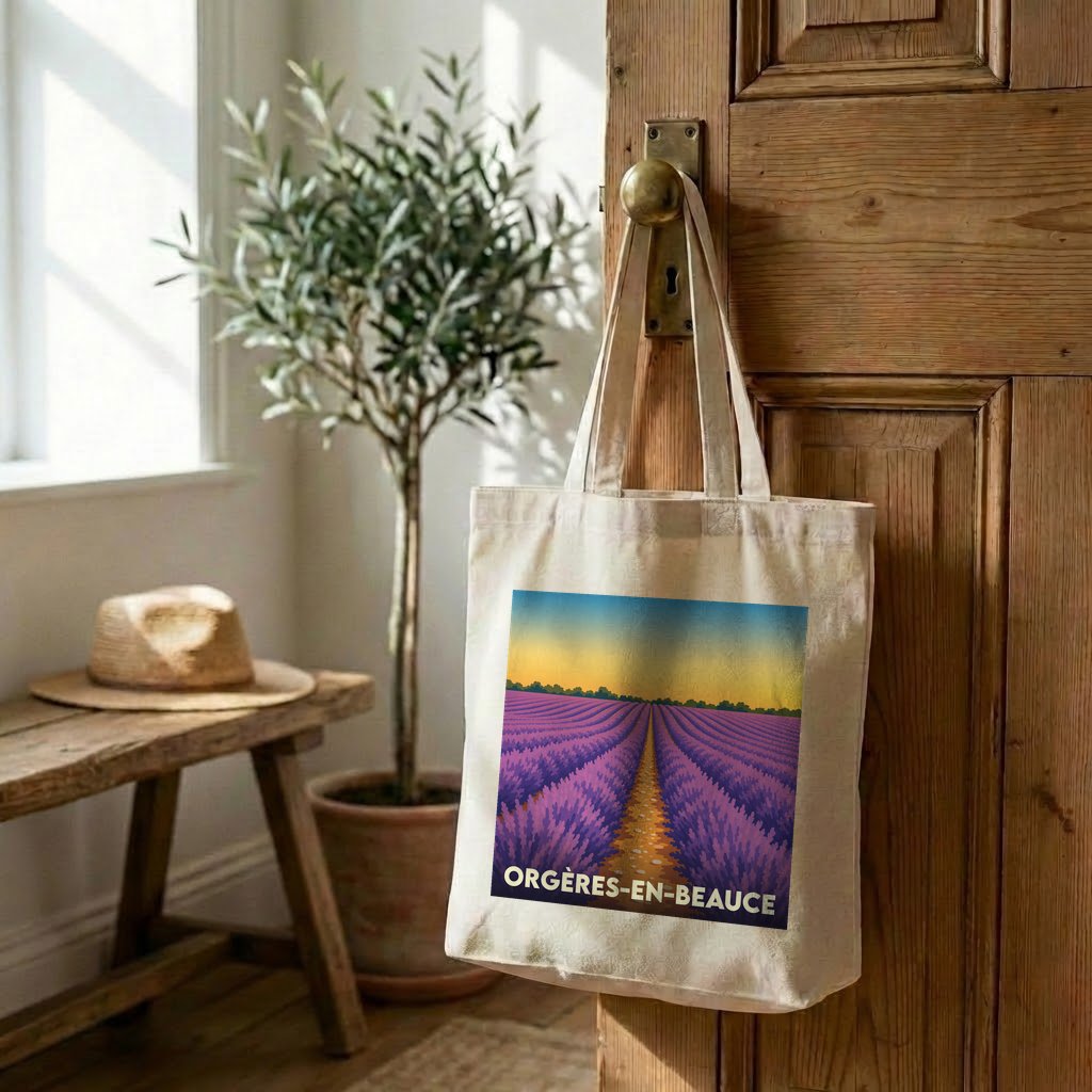 Tote bag souvenir de la ville d'Orgères-en-Beauce avec une illustration stylisée de champs de lavande.