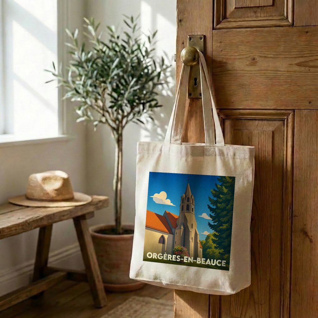 Tote bag souvenir de la ville de Orgères-en-Beauce avec une illustration stylisée d'une église.