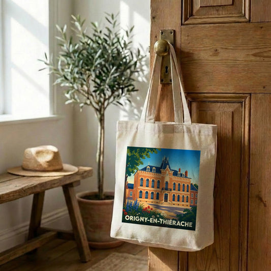 Tote bag souvenir de la ville d'Origny-en-Thiérache orné d'une illustration stylisée de son hôtel de ville.