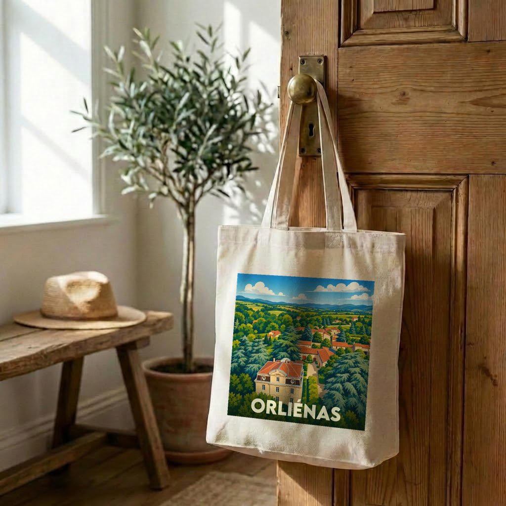 Tote bag souvenir de la ville d'Orliénas orné d'une illustration paysagère stylisée.