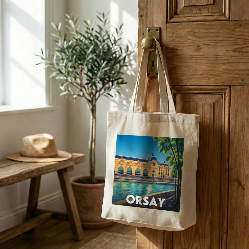 Tote bag souvenir du musée d'Orsay à Paris avec une illustration stylisée.