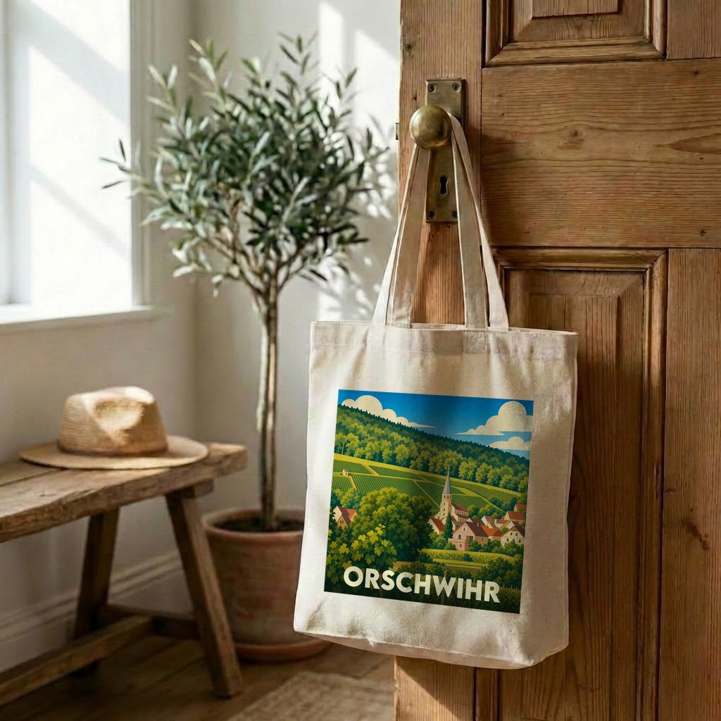Tote bag souvenir de la ville d'Orschwihr avec une illustration stylisée de son paysage vallonné.