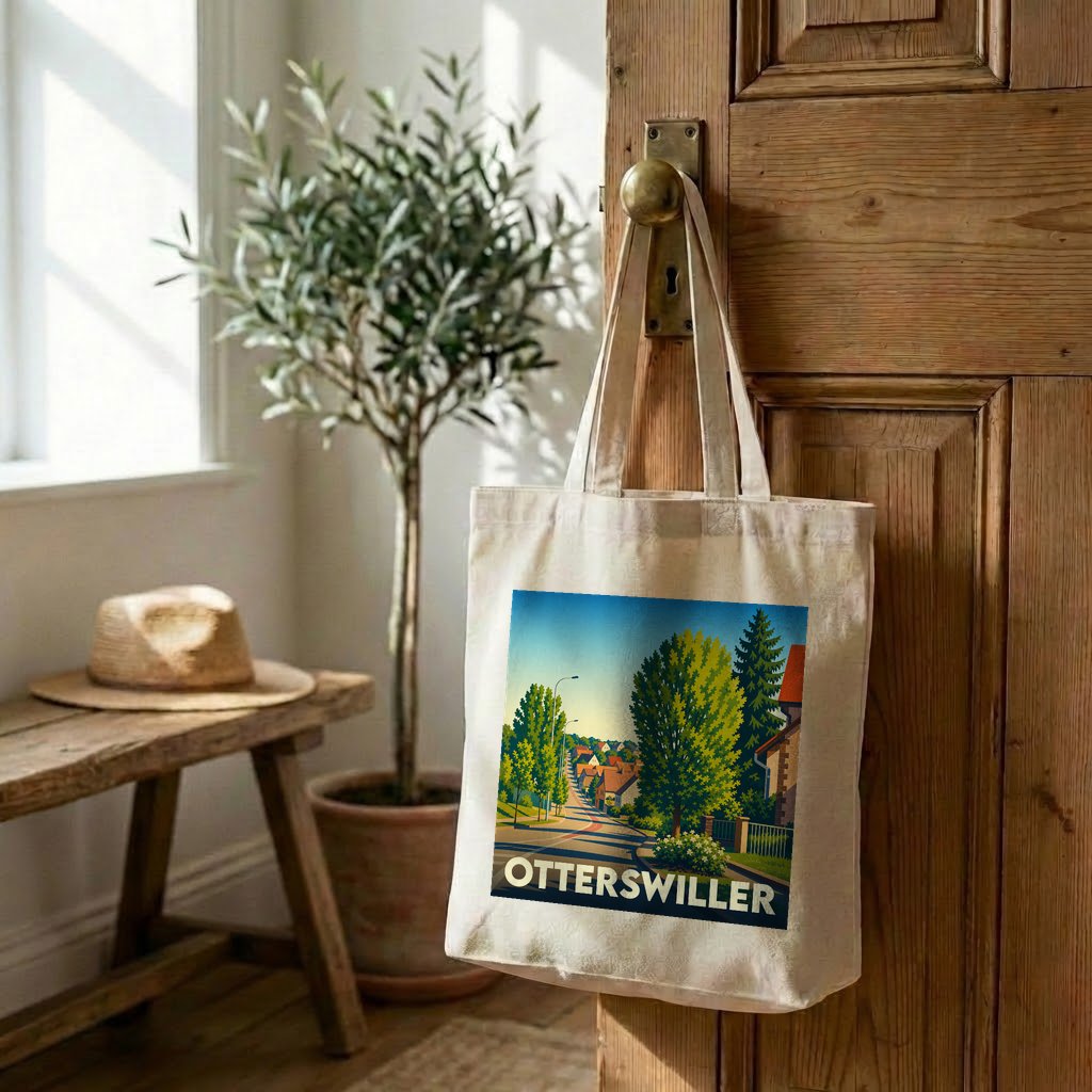 Sac cabas souvenir de la ville d'Otterswiller avec une illustration stylisée d'un paysage urbain.