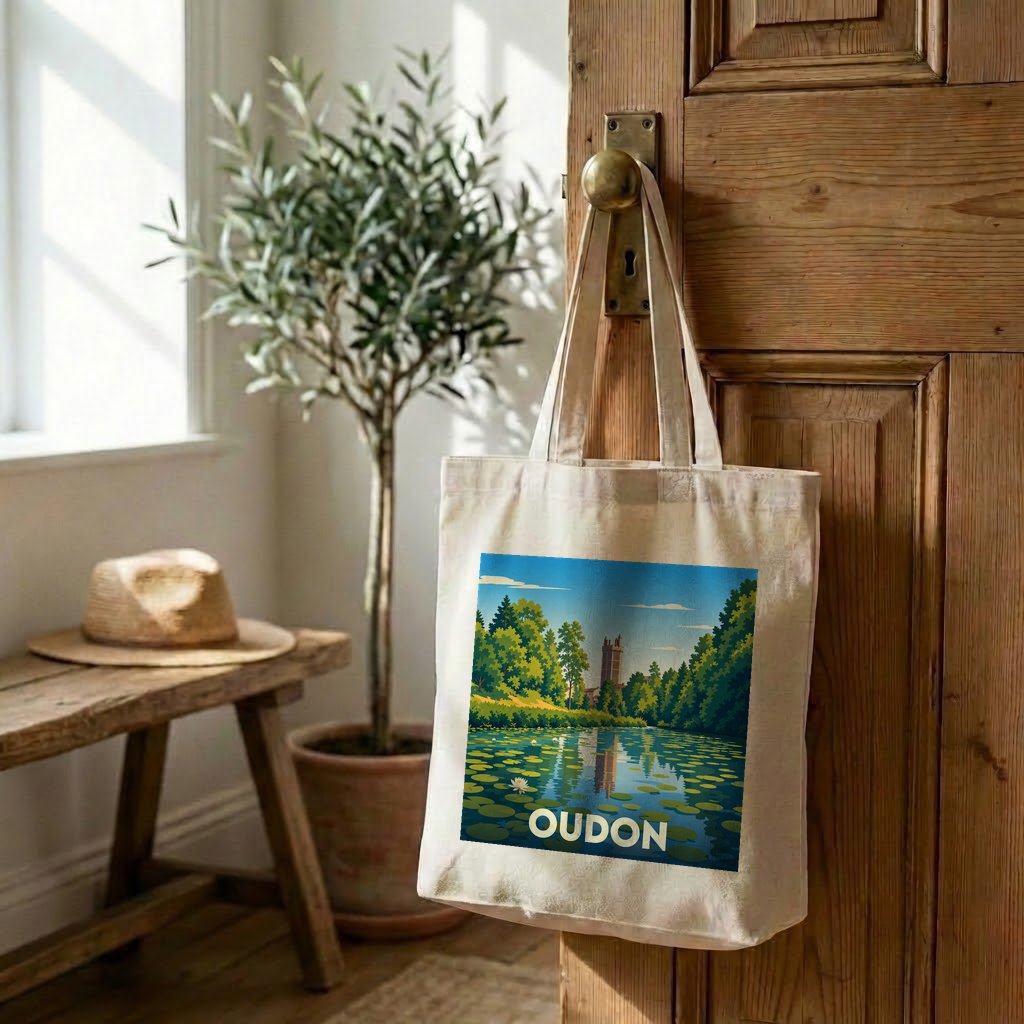 Tote bag souvenir de la ville d'Oudon avec une illustration stylisée d'un paysage fluvial.