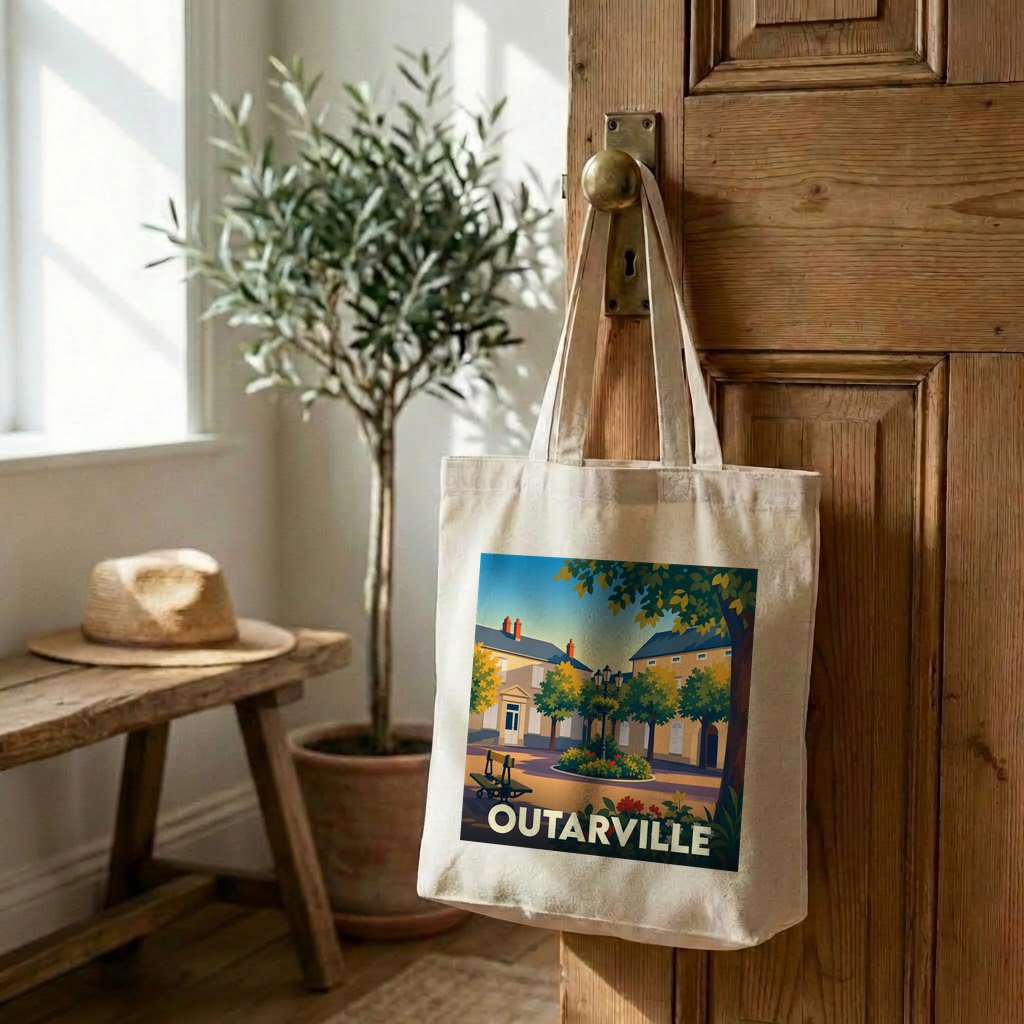 Tote bag souvenir de la ville d'Outarville avec une illustration colorée et stylisée.