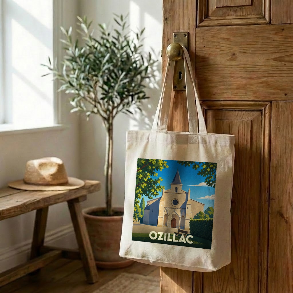 Tote bag souvenir de la ville d'Ozillac avec une illustration stylisée de son église.