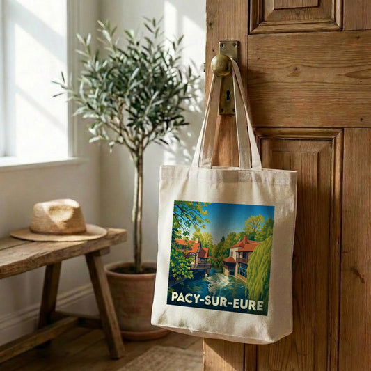 Tote bag souvenir de la ville de Pacy-sur-Eure avec une illustration stylisée d'un paysage fluvial.