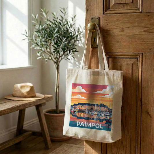 Tote bag souvenir de la ville de Paimpol avec une illustration stylisée du port.